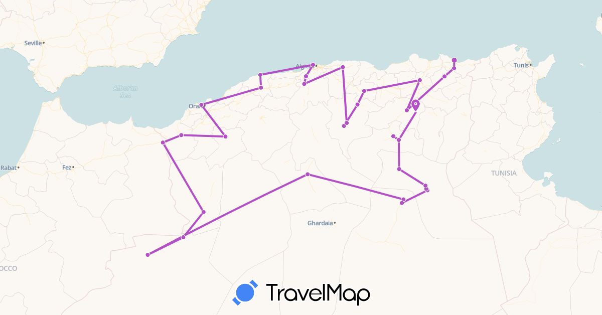 TravelMap itinerary: driving, train in Algeria, Morocco (Africa)